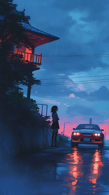 Anime Nightscape: A Serene , Anime, night, rain, house, car, anime car, anime night, Rain Anime HD phone wallpaper