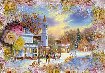 Happy times, blue, pastel, winter, white, roses, town, people, houses, pink, painting, tower, snow HD wallpaper