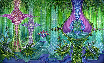 Psychedelic Forest, blue, plants, psychedelic, colors, purple, pink, abstract, speakers, green, trees, nature, forest HD wallpaper
