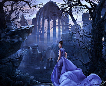 Dark land, trees, purple, woman, ruins HD wallpaper