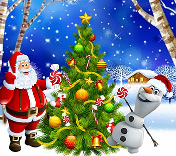Merry Christmas, Trees, house, Snowy, snowman, snowflakes, Winter, snow, Holiday, decorations, xmas tree, Olaf, santa, hat HD wallpaper