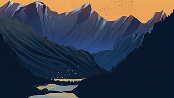 Mountains Moon Lake Birds , mountains, moon, lake, birds, artist, artwork, digital-art, minimalism, minimalist HD wallpaper