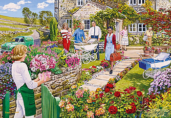 The Florist’s Round, painting, cars, house, trees, flowers, people HD wallpaper