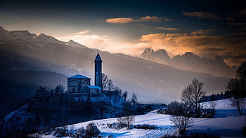 Snow-Covered Church in the Mountains, churches, nature, mountains, snow HD wallpaper