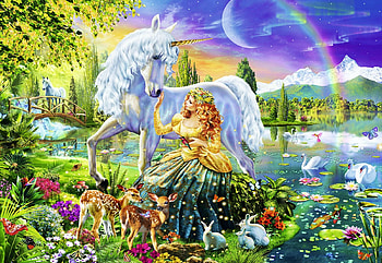 Gathering at Twilight, girl, princess, lake, bunnies, artwork, swans, digial, rainbow, planet, deer, bridge, unicorn, flowers HD wallpaper