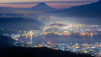 Mount Fuji City View Buildings Colorful Lights Nature HD wallpaper