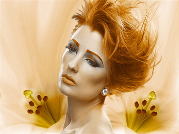 Lillies, wind, pretty, beautiful, flowers, hair, woman, female, nice HD wallpaper