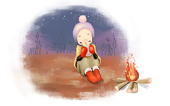 Winter, Houses, Bonfire, Snow, Miscellanea, Miscellaneous, Drawing, , Girl, Tea, Coziness, Comfort, Heat, Warmth, Mittens, Small Houses, Beanie, Coif HD wallpaper