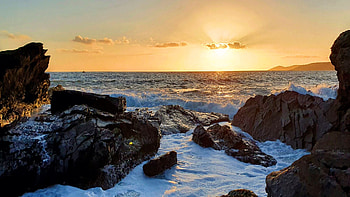 Heybrook Bay, Devon, UK, sky, rocks, sunset, sea, colors, sun HD wallpaper