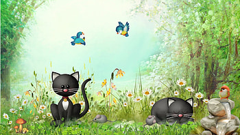 Friends and Foes, birds, kitty, mice, spring, kittens, summer, mouse, green, fountain, flowers, whimsical, caats HD wallpaper