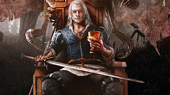 The Witcher, geralt, fantasy, art, throne, man, luminos, dark, henry cavill HD wallpaper