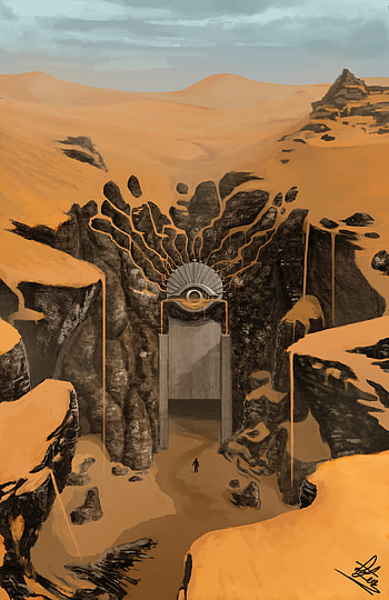 Fantasy, Art, Desert, Rocks, Door, Traveler, Wayfarer HD phone wallpaper