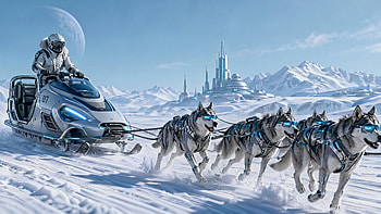 Arctic Neon Run — Futuristic Dog Sled, Snow, Futuristic City HD wallpaper