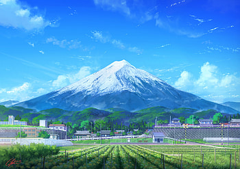 Building, Scenery, Mount Fuji, Anime, Original, Cloud, Field, Mountain, Sky HD wallpaper