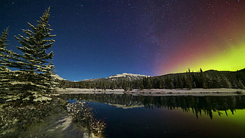 Northern lights, Kananaskis Country, Canada, Alberta, Forgetmenot Pond, sky, river, colors, landscape, canada, mountains HD wallpaper