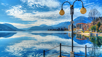 Lake Orta, Piemont, Italy, water, reflections, lamp, landscape, clouds, sky, mountains HD wallpaper