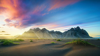 Vestrahorn, Iceland, coast, sunset, landscape, colors, clouds, sky, rocks HD wallpaper
