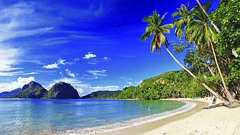 Tropical Beach of the Philippines, palm, rocks, island, sea, trees, sky HD wallpaper