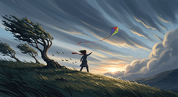 Girl Flying Kite On Windy Hill At Golden Sunset, girl, flying, kite, hill, golden, sunset, artist, artwork, art, digital-art, ai, deviantart HD wallpaper