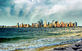 FLOATING CITY, buildings, planet, city, sky, dreamy, ocean, beach HD wallpaper