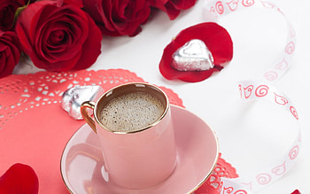 Pink, coffee, roses, cup HD wallpaper