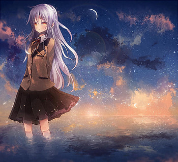 inner thoughts, setting sun, anime, moon, lake HD wallpaper