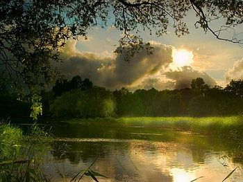 green peace, clouds, sky, lake, beauty HD wallpaper