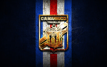 Carlos Mannucci FC, golden logo, Liga 1 Apertura, blue metal background, football, peruvian football club, Carlos Mannucci logo, soccer, CSD Carlos A Mannucci HD wallpaper