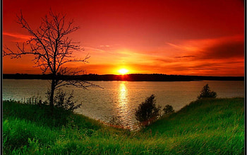Red and Green Sunset, reflection, green, red, sky, nature, sunset HD wallpaper