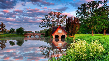 Boat house at Carton House, Kildare, Ireland, river, boat, place, serenity, nice, quiet, shore, reflection, trees, amazing, calm, house, beautiful, grass, natire, summer, bridge, sky, flowers, lovely, Ireland HD wallpaper