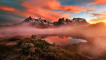 Sunset on Torres del Paine, Chile, reflection, nature, mountains, lake, sunset HD wallpaper
