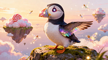 Candy Isle Puffin — Fantasy, Bird, Island HD wallpaper