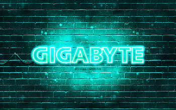Gigabyte turquoise logo, , turquoise brickwall, Gigabyte logo, brands, Gigabyte neon logo, Gigabyte HD wallpaper