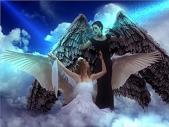Two Angels, angel, white, black, fantasy HD wallpaper