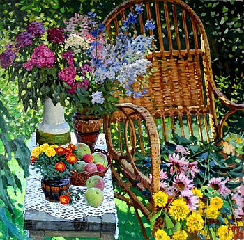Eugene Mukovnin. Well the summer in the garden, painting, art, eugene mukovnin, flower, garden HD wallpaper