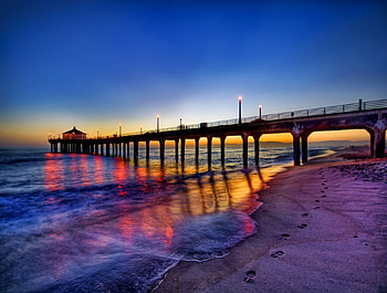 Sunset pier, night, blue, colorful, sand, colors, pier, dusk, reflections, sunrise, nice, beach, twilight, shore, waves, water, ocean, sunset, sea, sundown, beautiful, summer, purple, pretty, lights, clouds, nature, sky, lovely, evening HD wallpaper