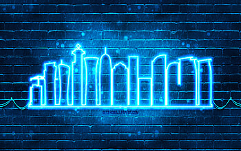 Doha blue neon silhouette, , blue neon lights, Doha skyline silhouette, blue brickwall, qatari cities, neon skyline silhouettes, Qatar, Doha silhouette, Doha HD wallpaper