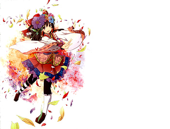Cute Reimu, cute, long hair, dress, flower, female, sexy, white, ribbon, hakurei reimu, hot, girl, brown eye, petal, anime girl, simple, anime, brown hair, touhou, reimu HD wallpaper