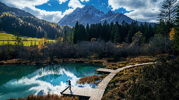 Krajnska Gora, Slovenia, path, lake, clouds, landscape, trees, sky HD wallpaper