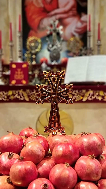 Christianity, red, armenian church, christian, fruit, church, pomegranate, cross, armenia HD phone wallpaper
