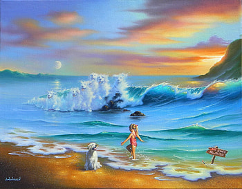 Dogs allowed, blue, jim warren, sea, white, art, girl, copil, beach, summer, child, vara, wave, caine HD wallpaper