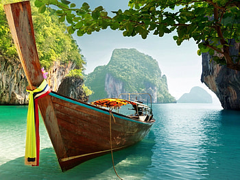 Exotic boating, river, boat, walk, nice, shore, reflection, boating, trees, travel, tropics, exotic, beautiful, rocks, lake, mountain, summer, cliffs, sky, flowers, lovely HD wallpaper