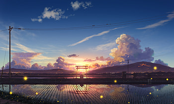 Anime drawing of a Japanese field at sunset, japanese, japan, mountain, artwork, anime, field, sky, shinto, sunset HD wallpaper