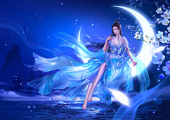 Moon Lady, digital, art, fantasy, moon, , girl, woman, blue, beautiful, lamamake HD wallpaper