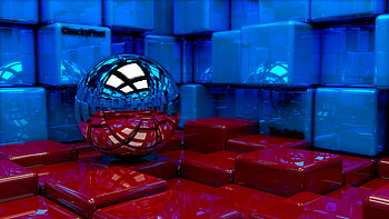 Preview ball, cubes, metal, blue, red, reflection HD wallpaper