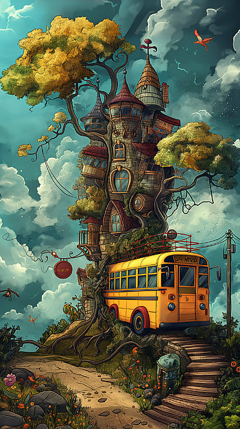 Enchanted Treehouse and Vintage School Bus HD phone wallpaper