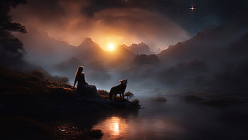 My guardian, wolf, woman, sunset, nature, lake HD wallpaper