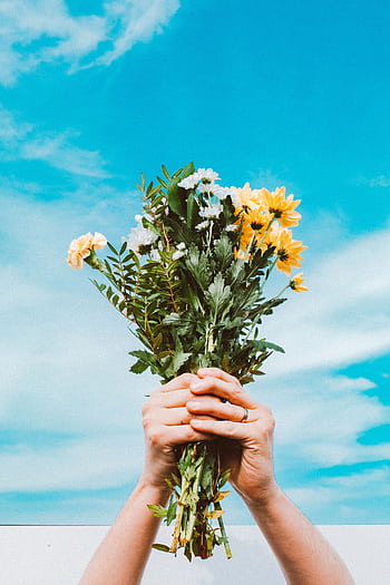 Hands holding a colorful flower bouquet beneath a vivid spring sky, symbolizing renewal. HD phone wallpaper