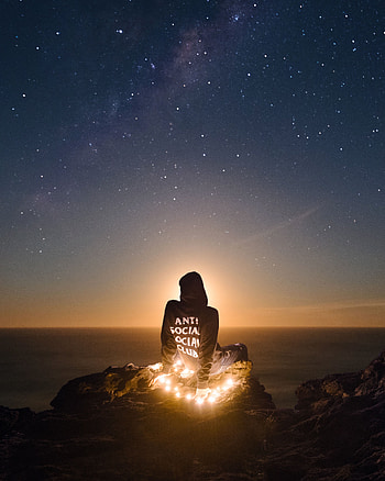 Horizon, Dark, Seclusion, Privacy, Starry Sky, Human, Person, Loneliness, Hill, Introvert HD phone wallpaper