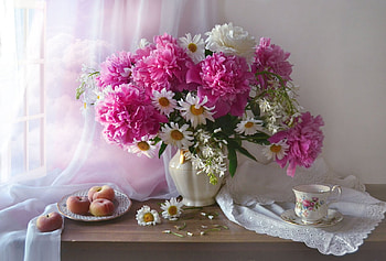 Still life, Cup, Peonies, Spring, Chamomile HD wallpaper